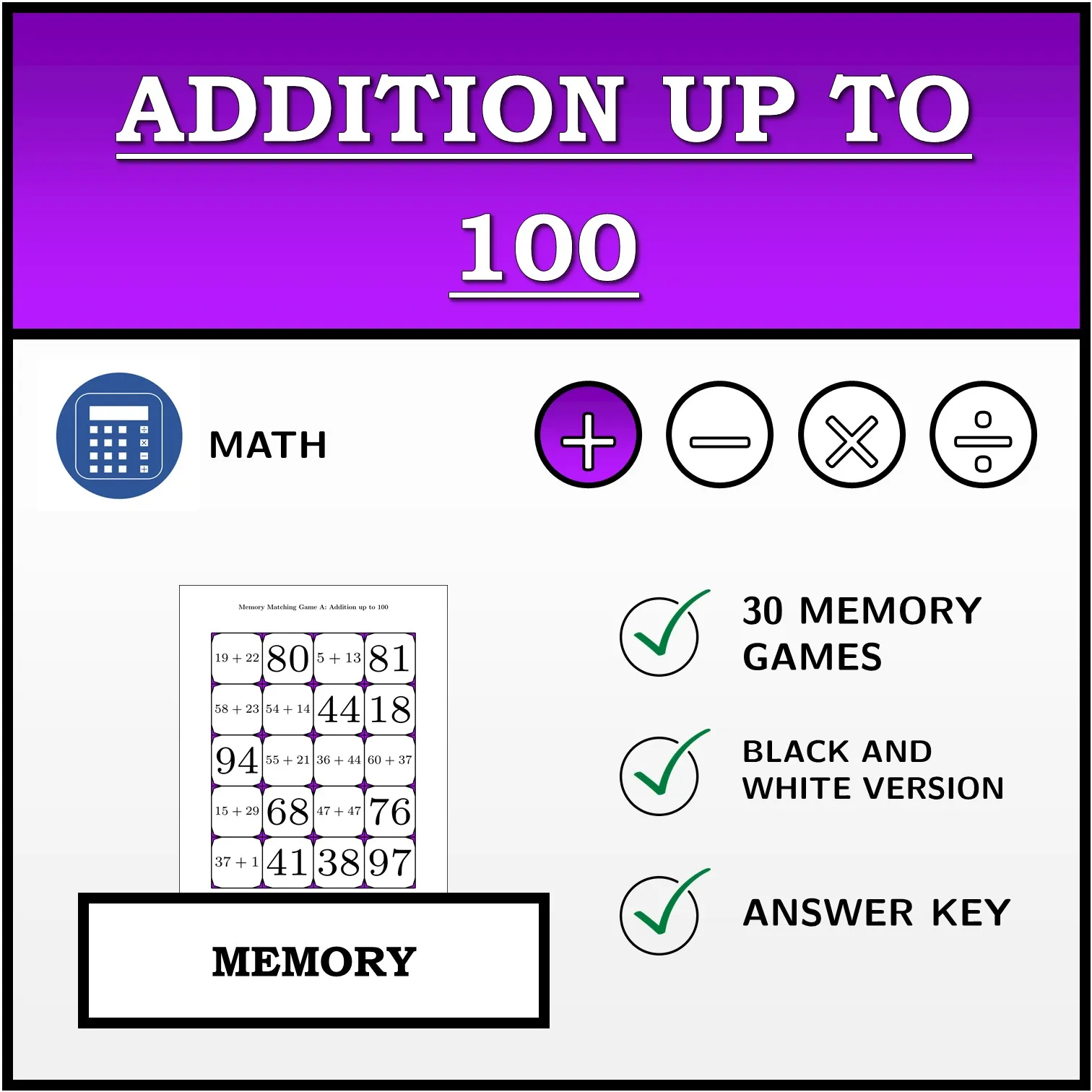 Memory matching game: Addition up to 100