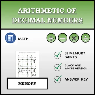 Memory matching game: Arithmetic of Decimal Numbers