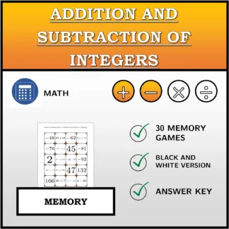 Memory matching game: Addition and Subtraction of Integers