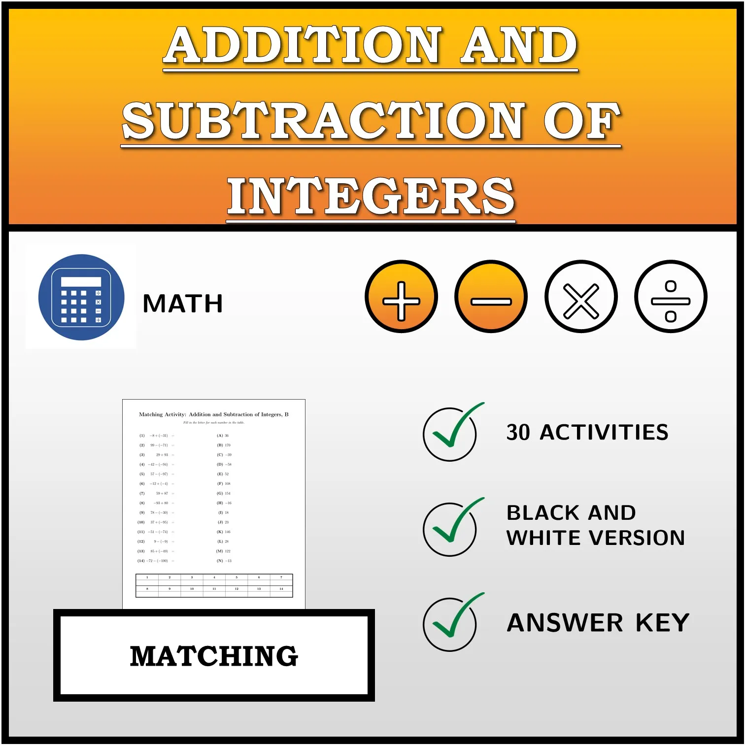 Matching activity: Addition and Subtraction of Integers