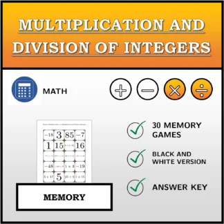 Memory matching game: Multiplication and Division of Integers