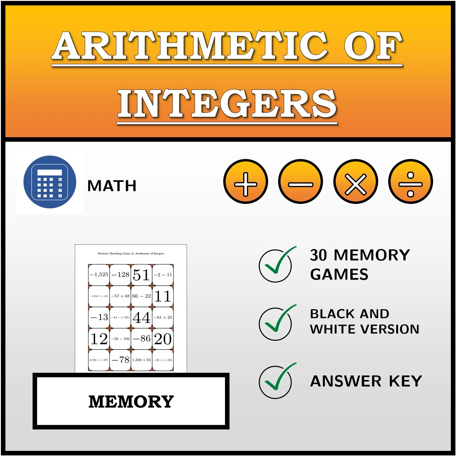 Memory matching game: Arithmetic of Integers