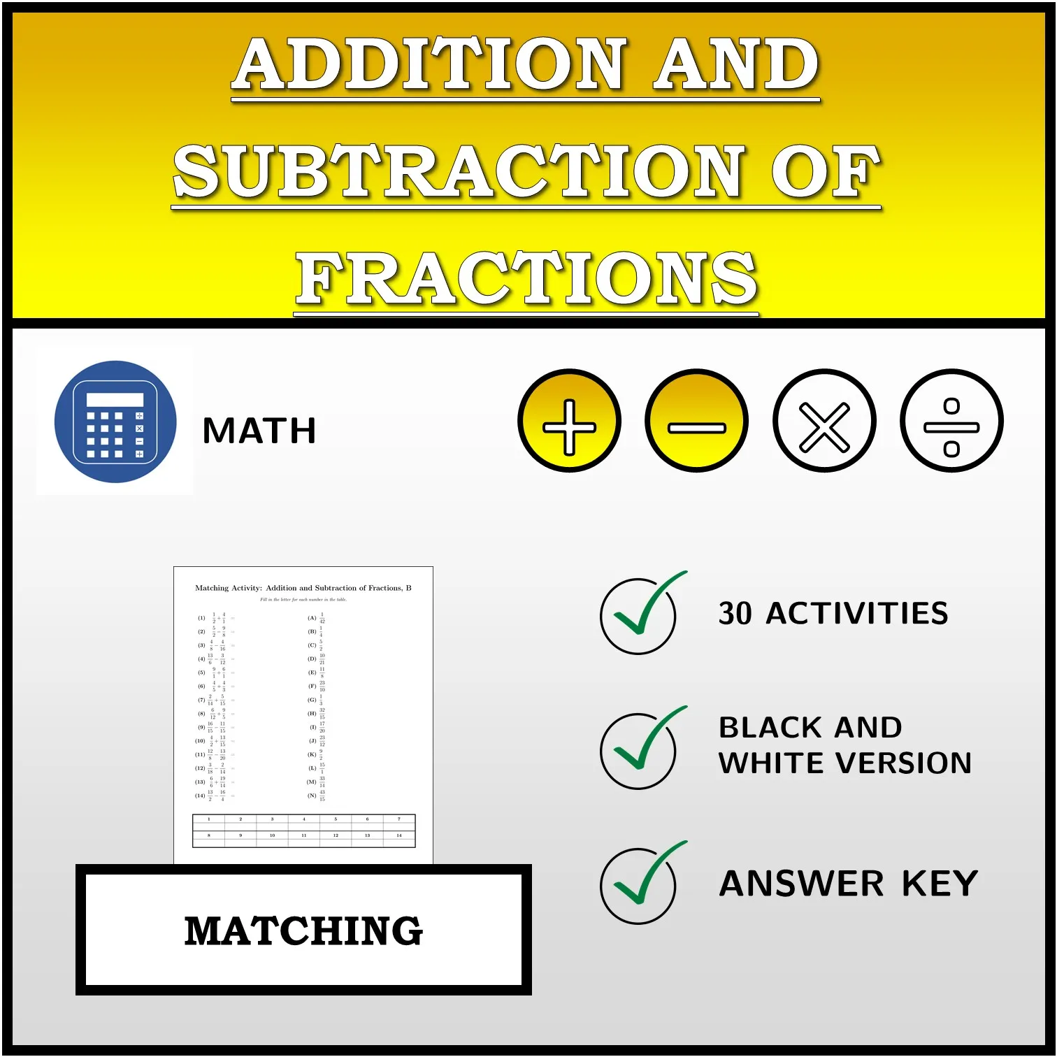 Matching activity: Addition and Subtraction of Fractions