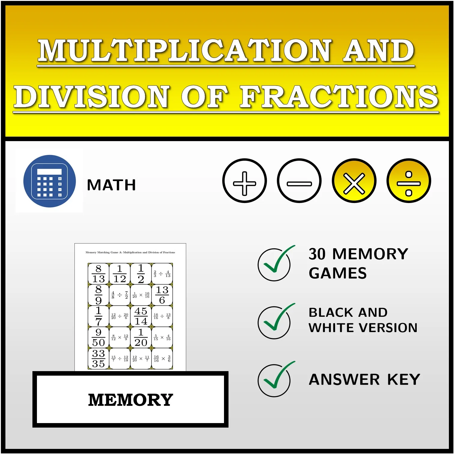 Memory matching game: Multiplication and Division of Fractions