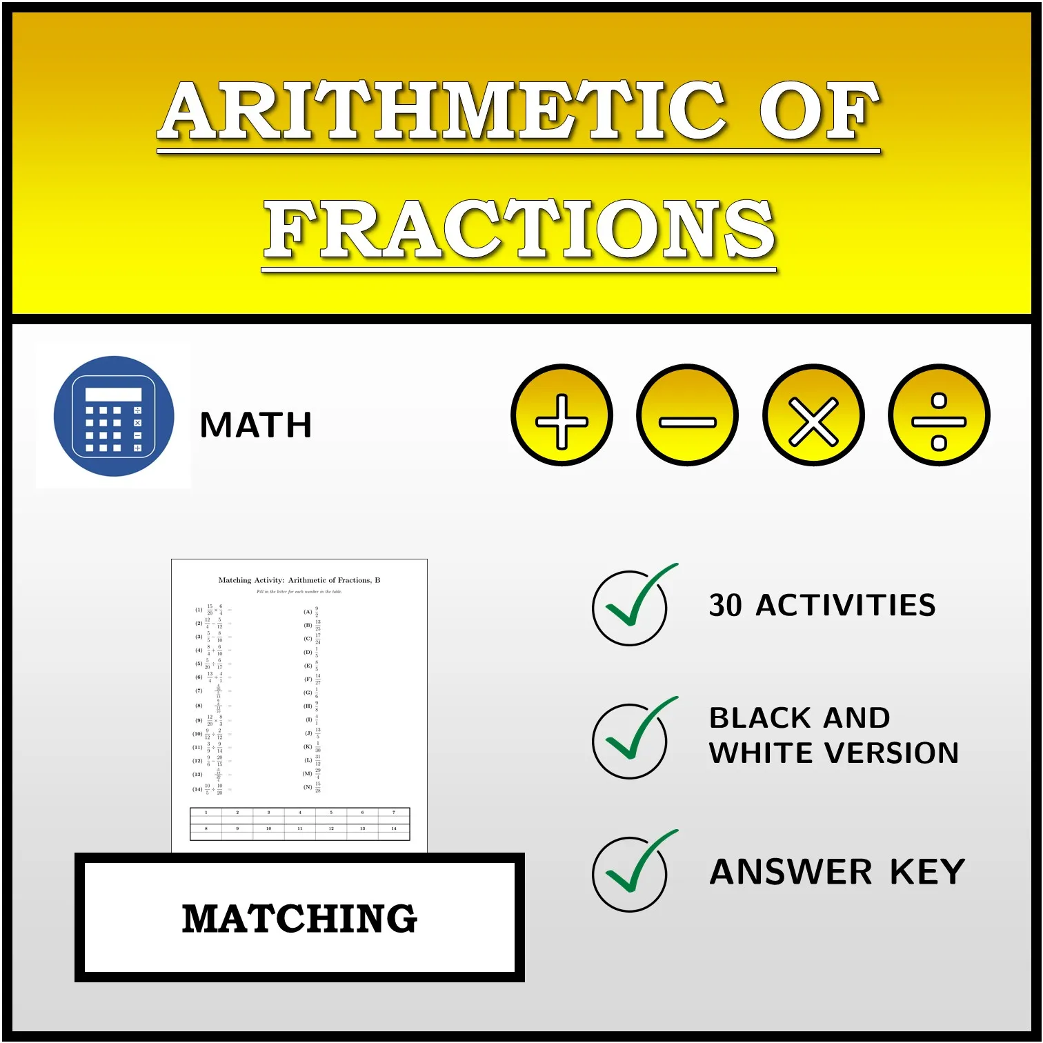 Matching activity: Arithmetic of Fractions