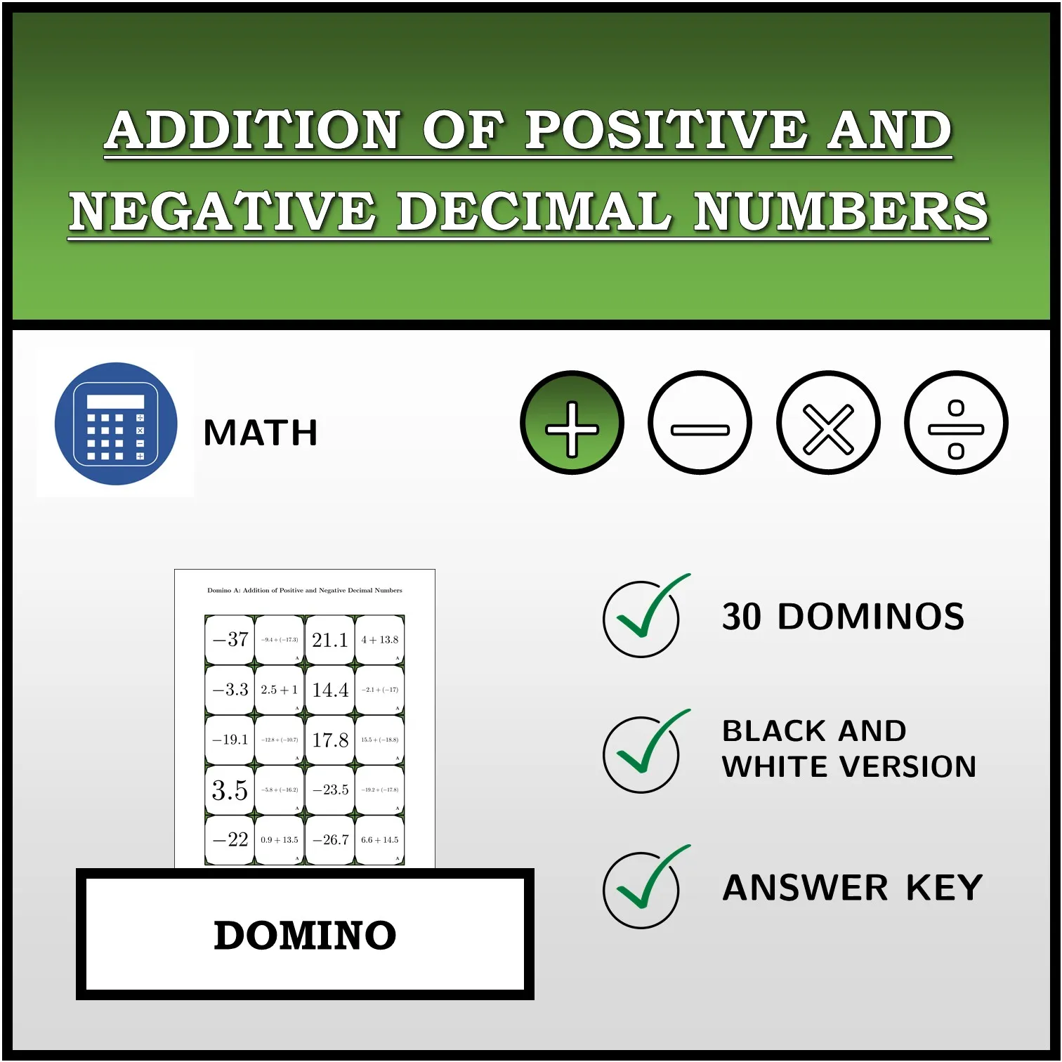 Domino: Addition of Positive and Negative Decimal Numbers
