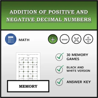 Memory matching game: Addition of Positive and Negative Decimal Numbers