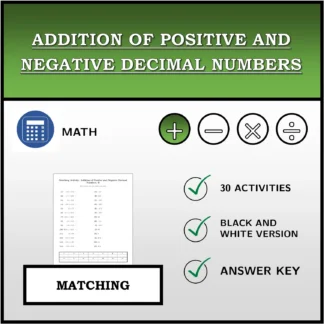 Matching activity: Addition of Positive and Negative Decimal Numbers