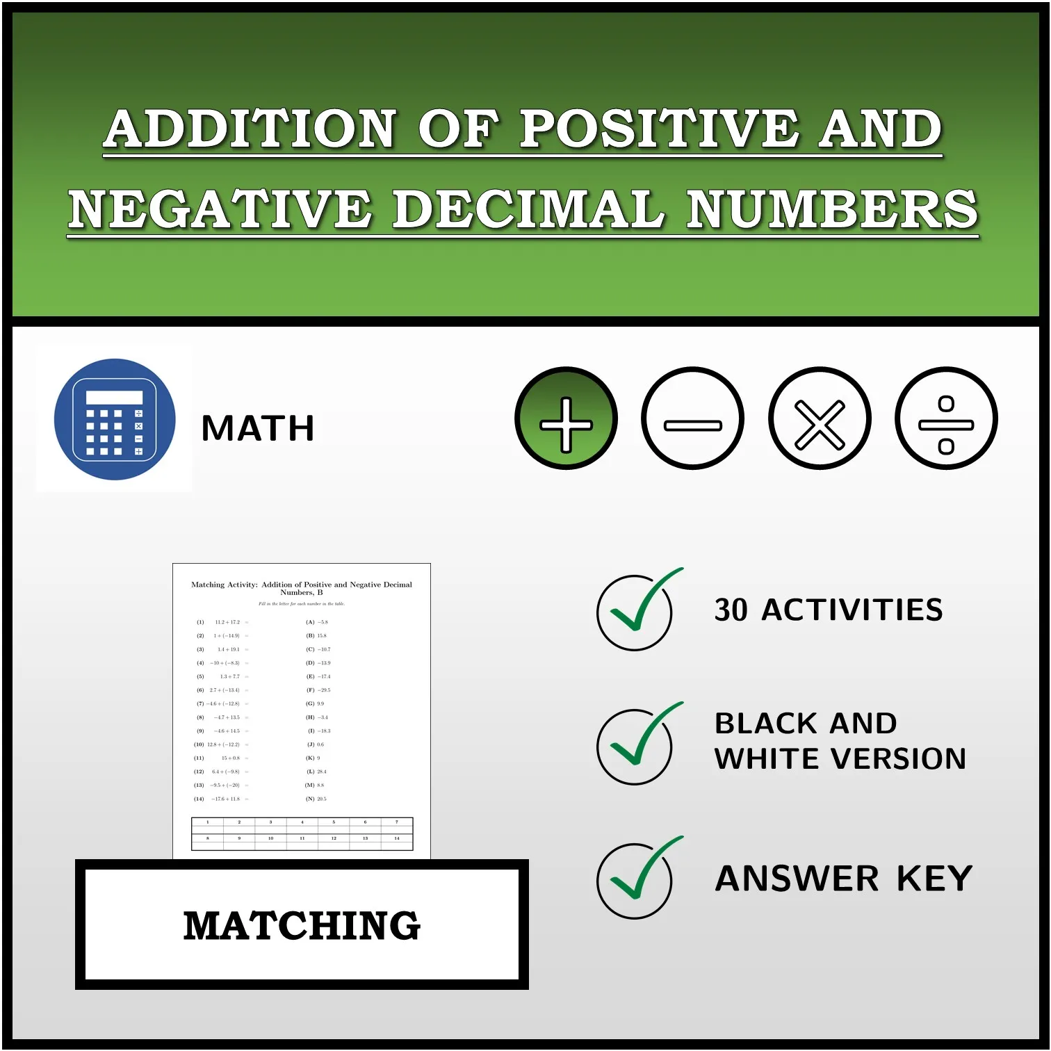 Matching activity: Addition of Positive and Negative Decimal Numbers