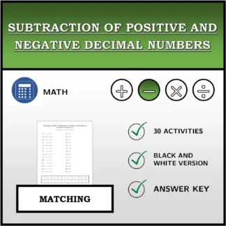 Matching activity: Subtraction of Positive and Negative Decimal Numbers