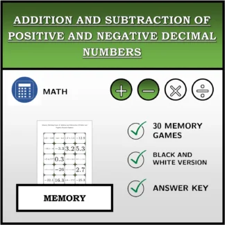 Memory matching game: Addition and Subtraction of Positive and Negative Decimal Numbers