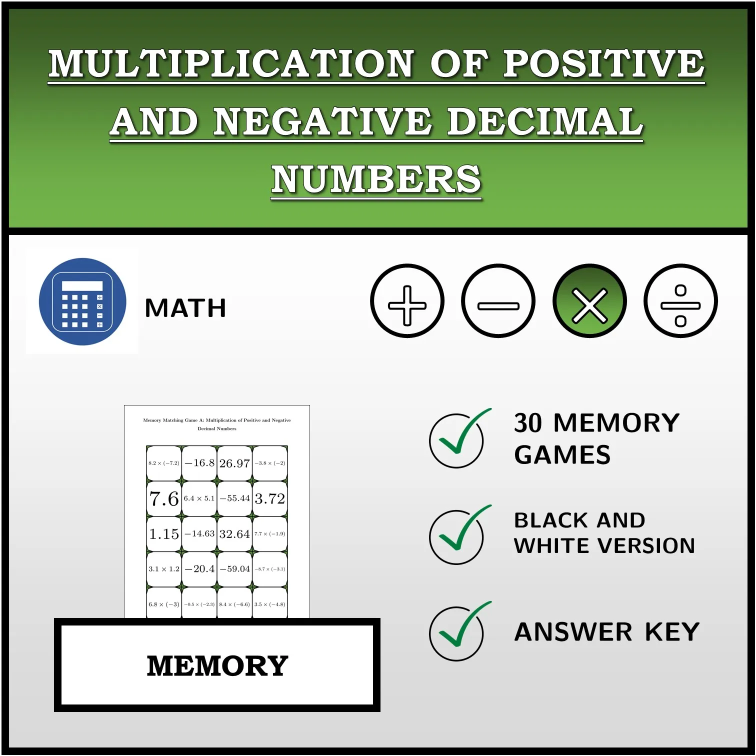 Memory matching game: Multiplication of Positive and Negative Decimal Numbers
