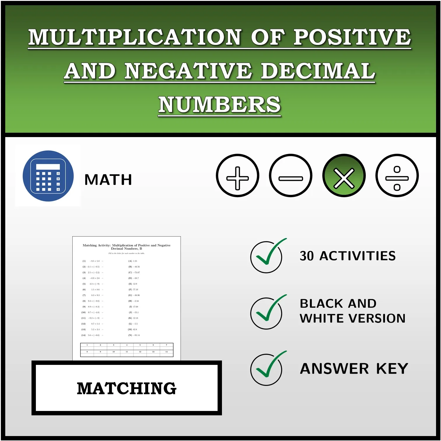 Matching activity: Multiplication of Positive and Negative Decimal Numbers