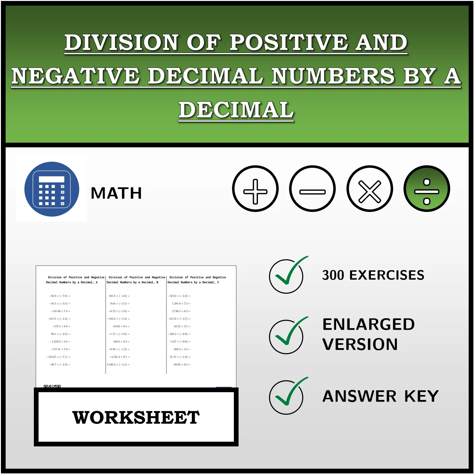 Worksheet: Division of Positive and Negative Decimal Numbers by a Decimal