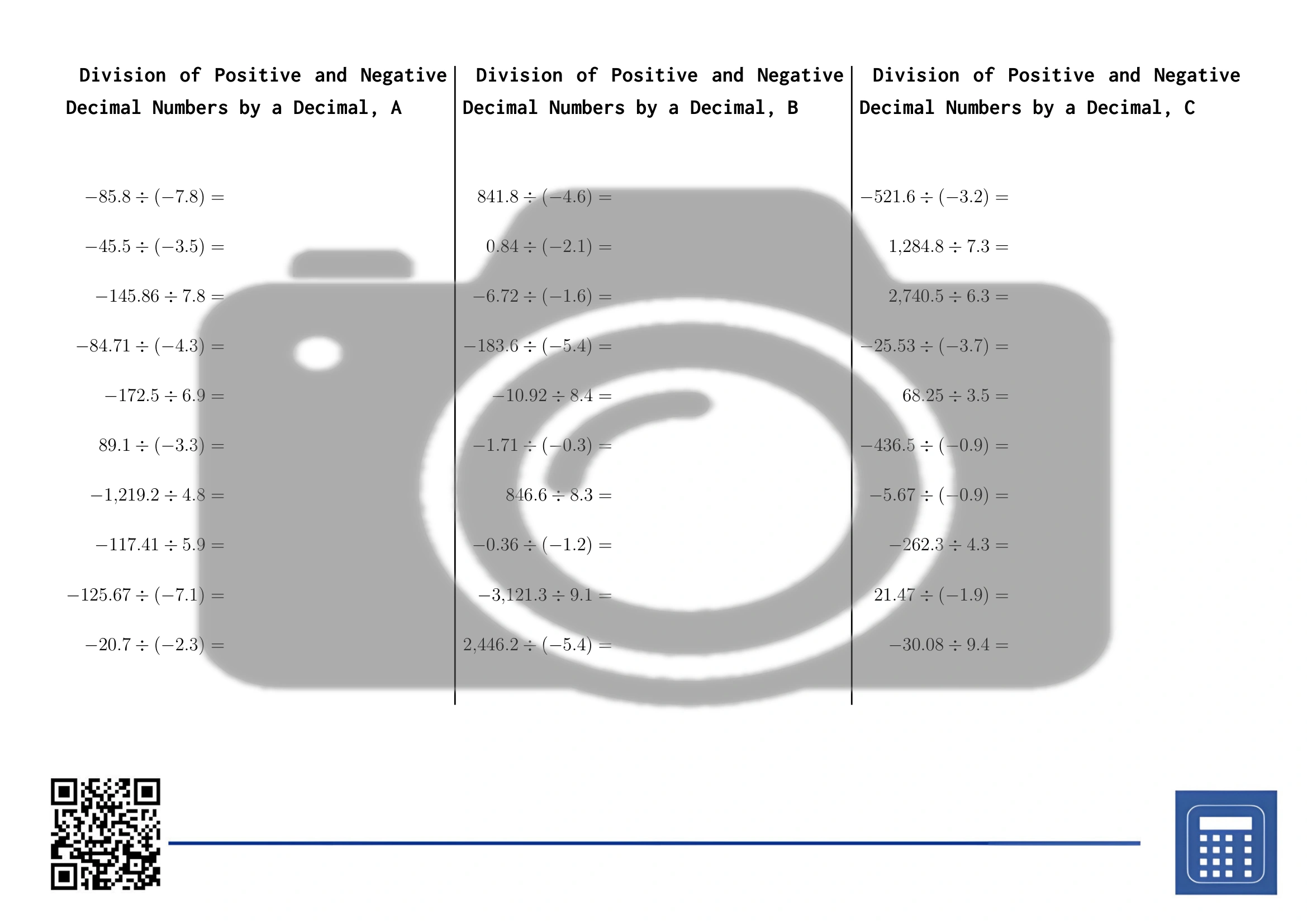 Worksheet: Division of Positive and Negative Decimal Numbers by a Decimal - Image 2