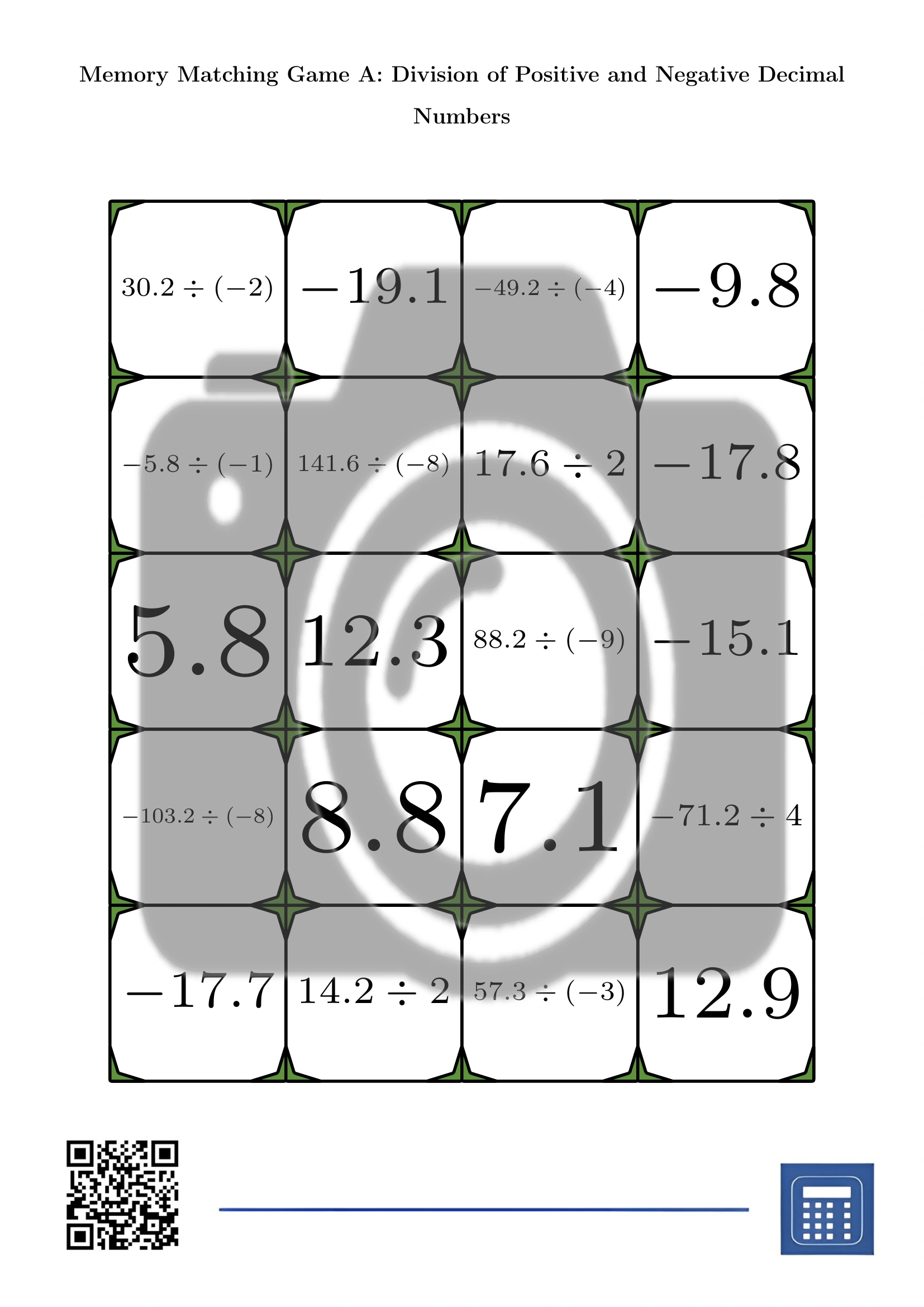 Memory matching game: Division of Positive and Negative Decimal Numbers - Image 2