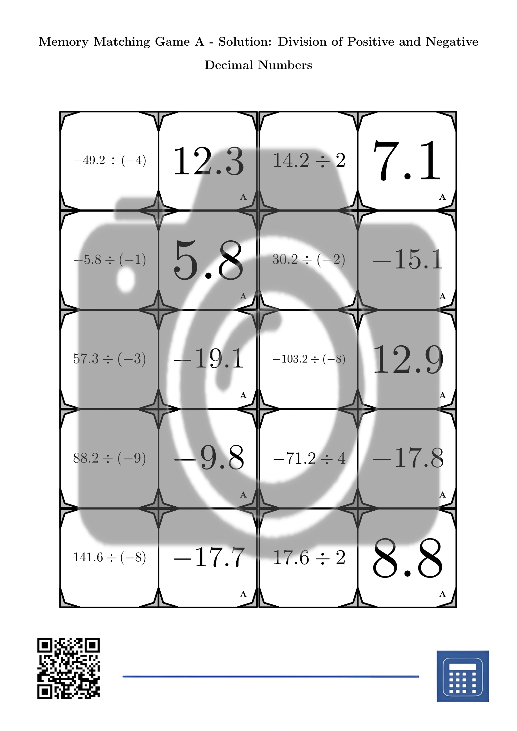 Memory matching game: Division of Positive and Negative Decimal Numbers - Image 4