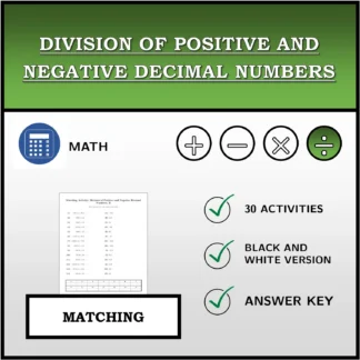 Matching activity: Division of Positive and Negative Decimal Numbers