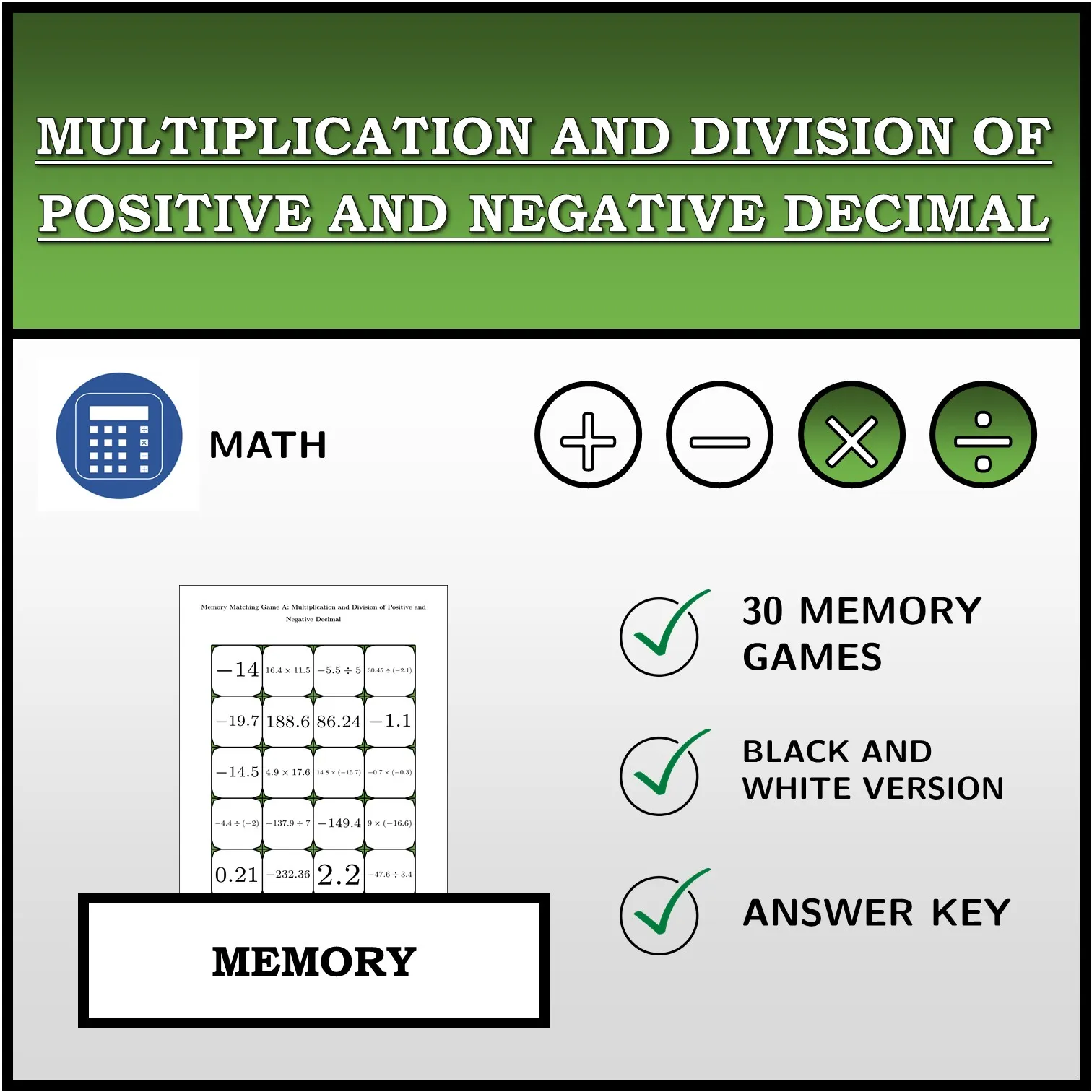 Memory matching game: Multiplication and Division of Positive and Negative Decimal
