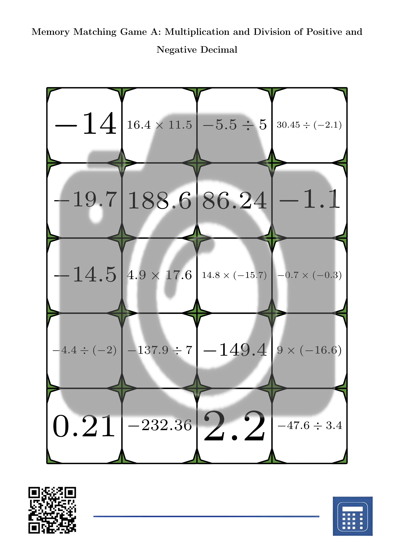Memory matching game: Multiplication and Division of Positive and Negative Decimal - Image 2