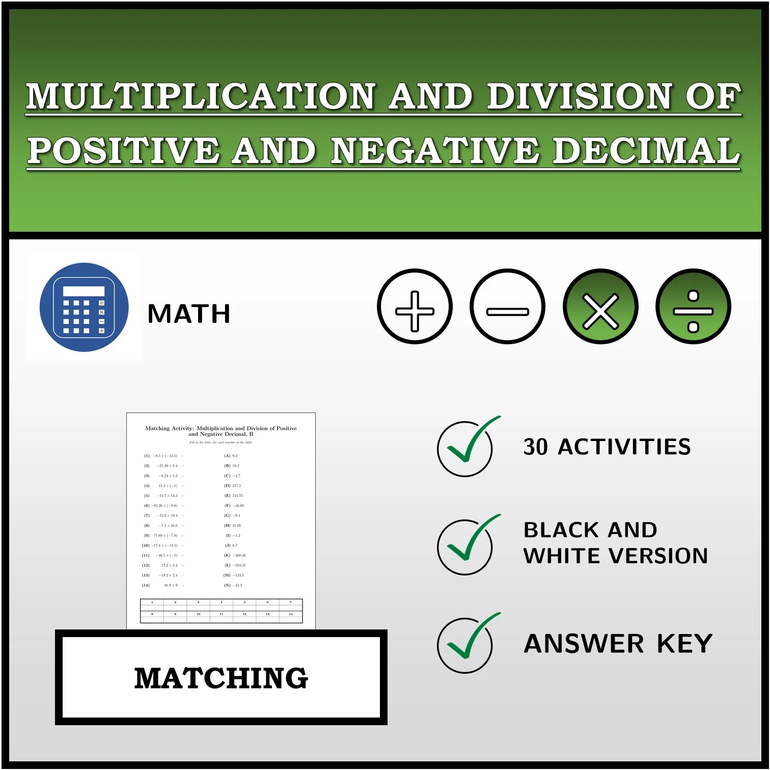 Matching activity: Multiplication and Division of Positive and Negative Decimal