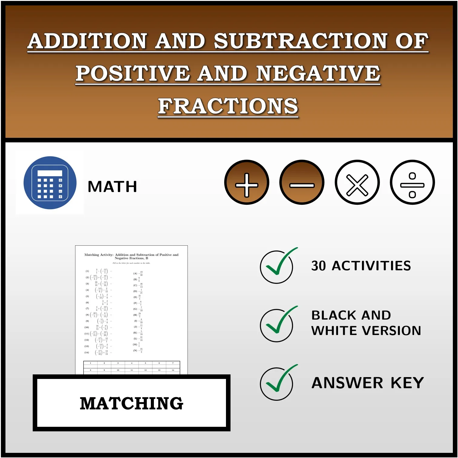 Matching activity: Addition and Subtraction of Positive and Negative Fractions