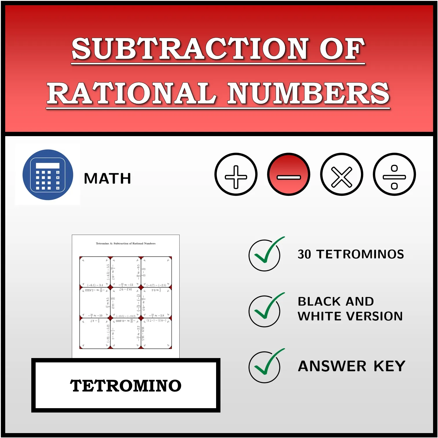 Tetromino: Subtraction of Rational Numbers