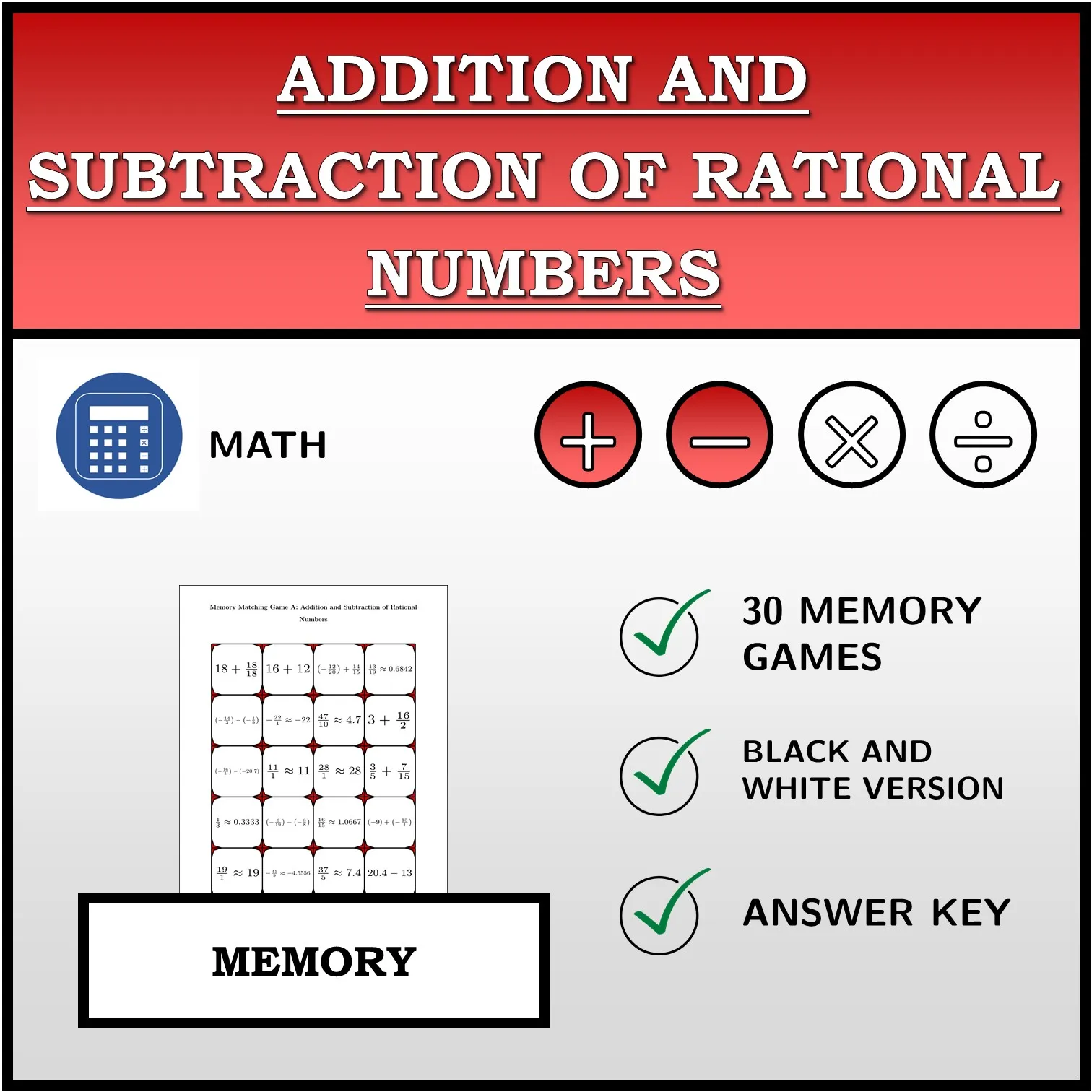 Memory matching game: Addition and Subtraction of Rational Numbers