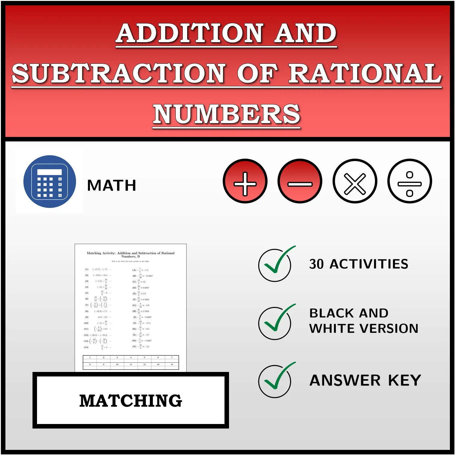 Matching activity: Addition and Subtraction of Rational Numbers