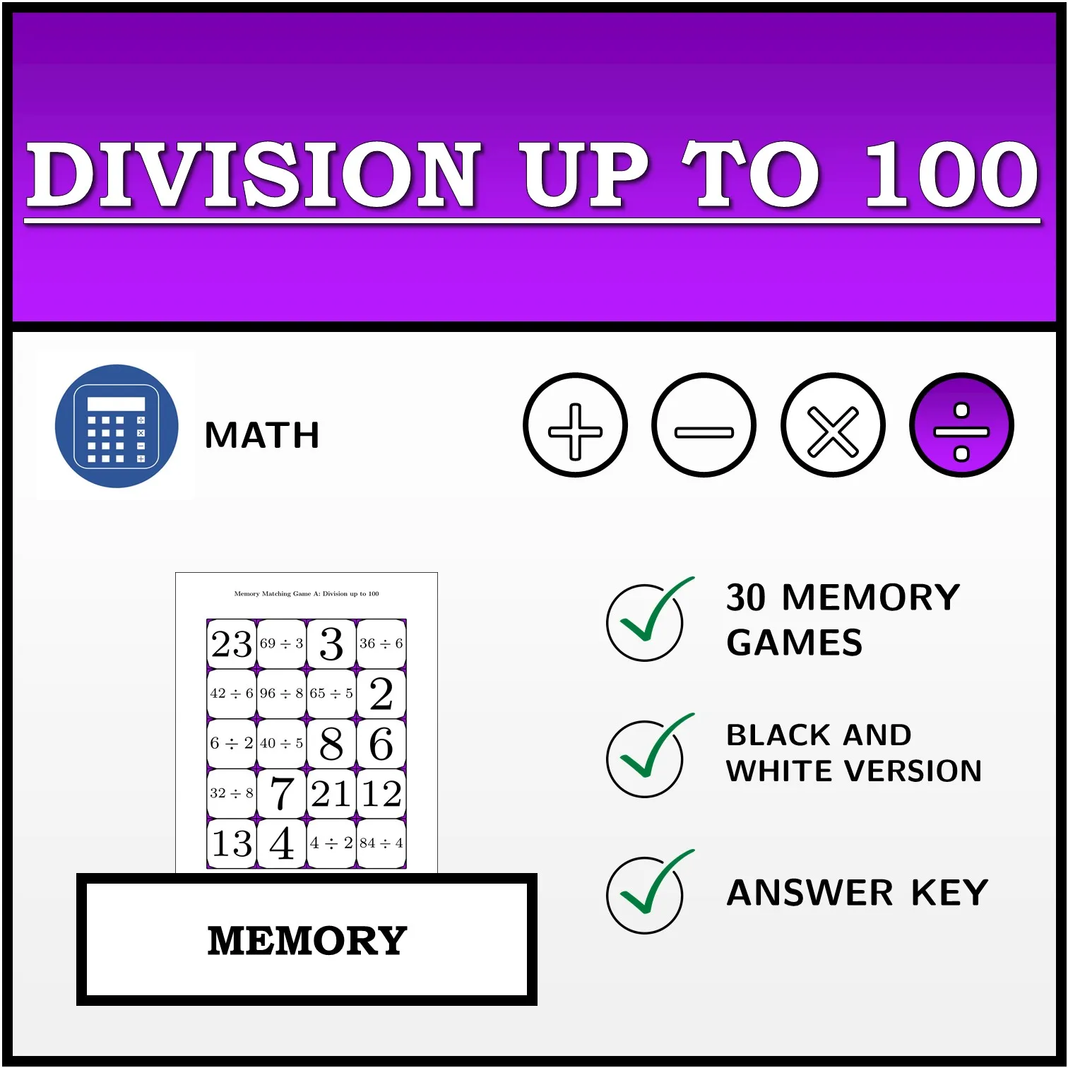 Memory matching game: Division up to 100