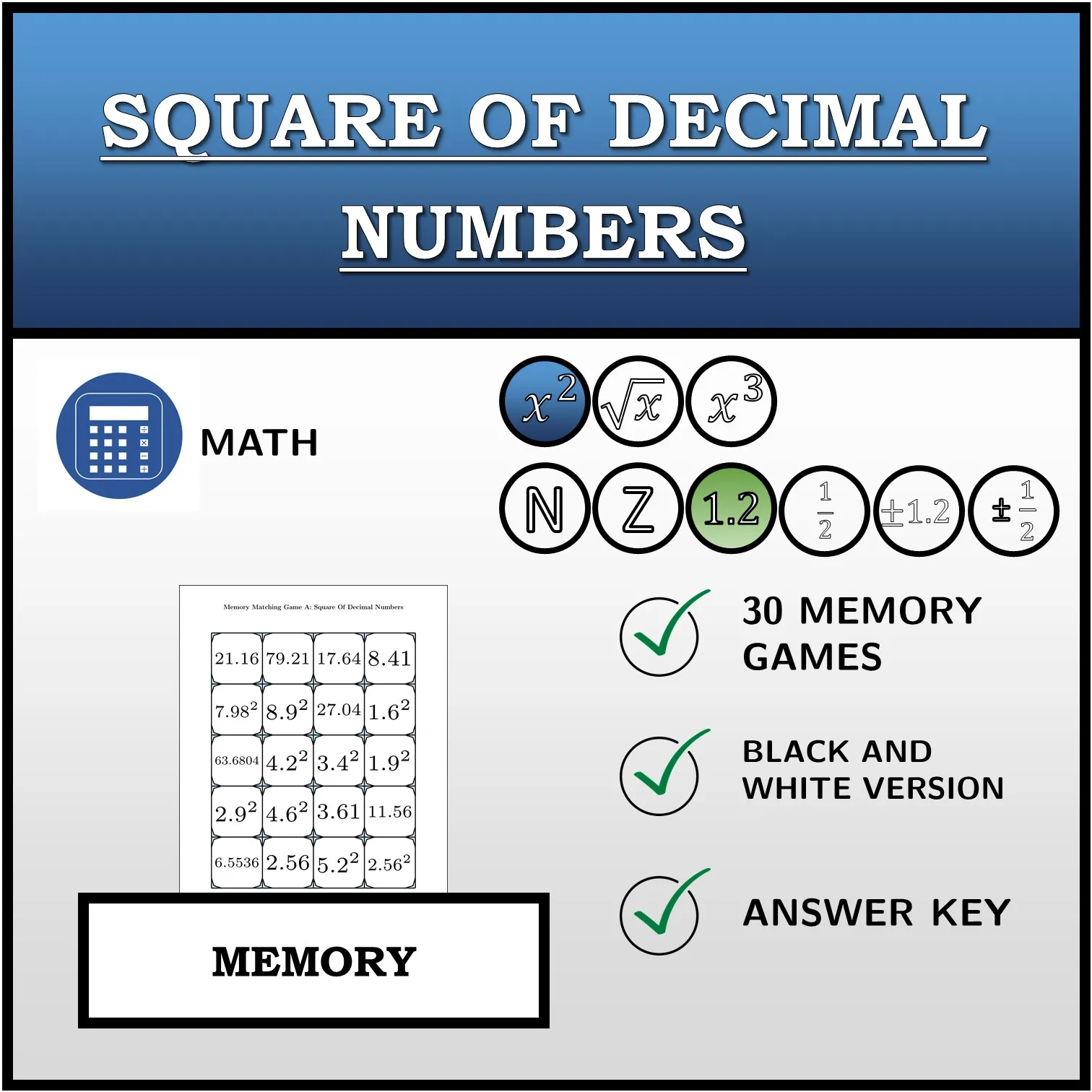 Memory matching game: Square Of Decimal Numbers