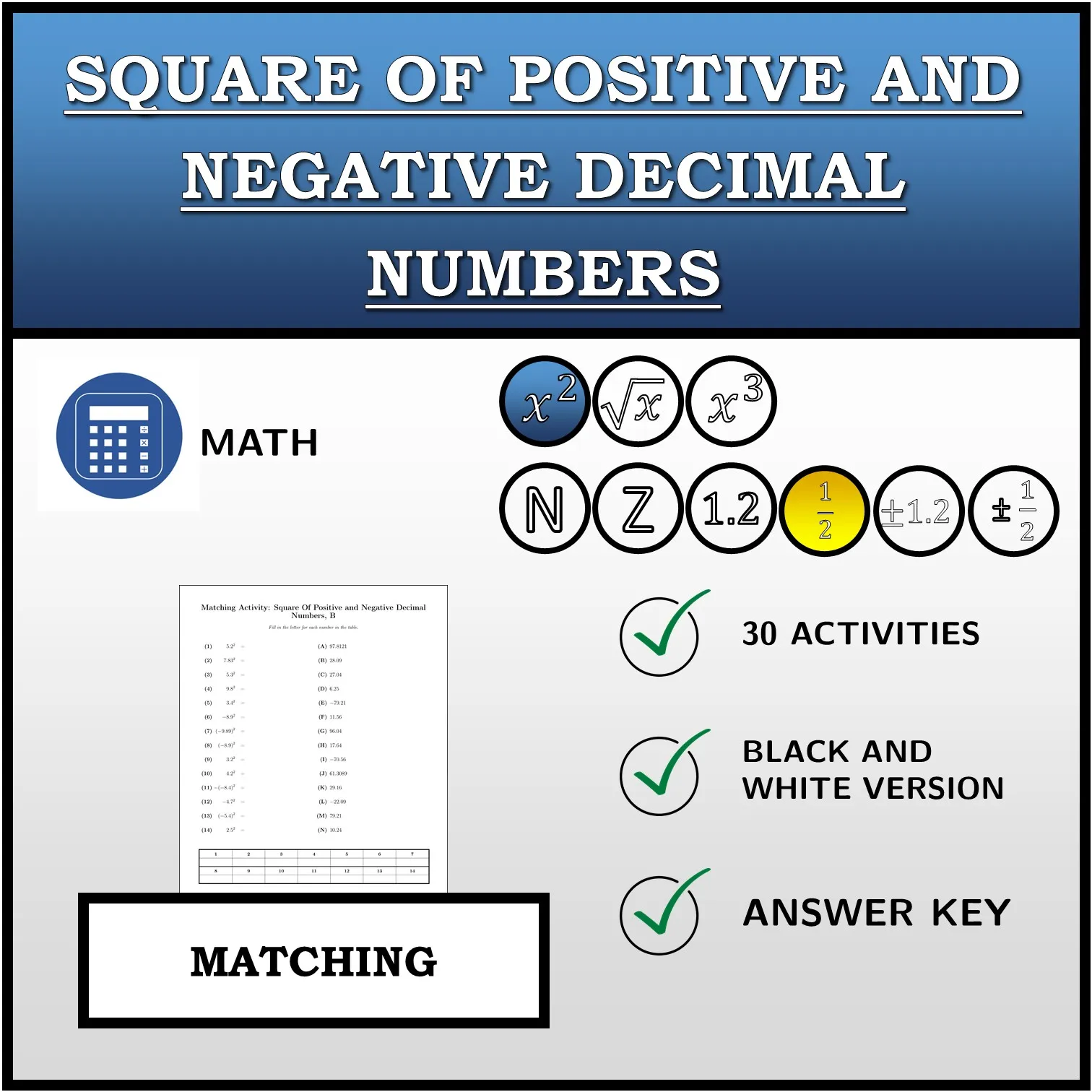 Matching activity: Square Of Positive and Negative Decimal Numbers