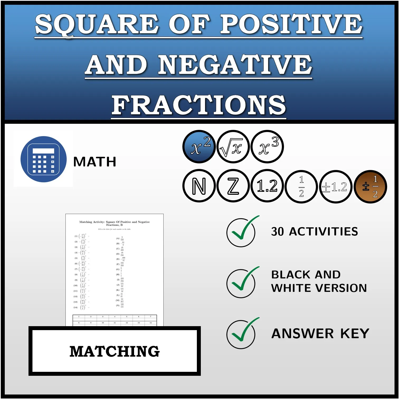 Matching activity: Square Of Positive and Negative Fractions