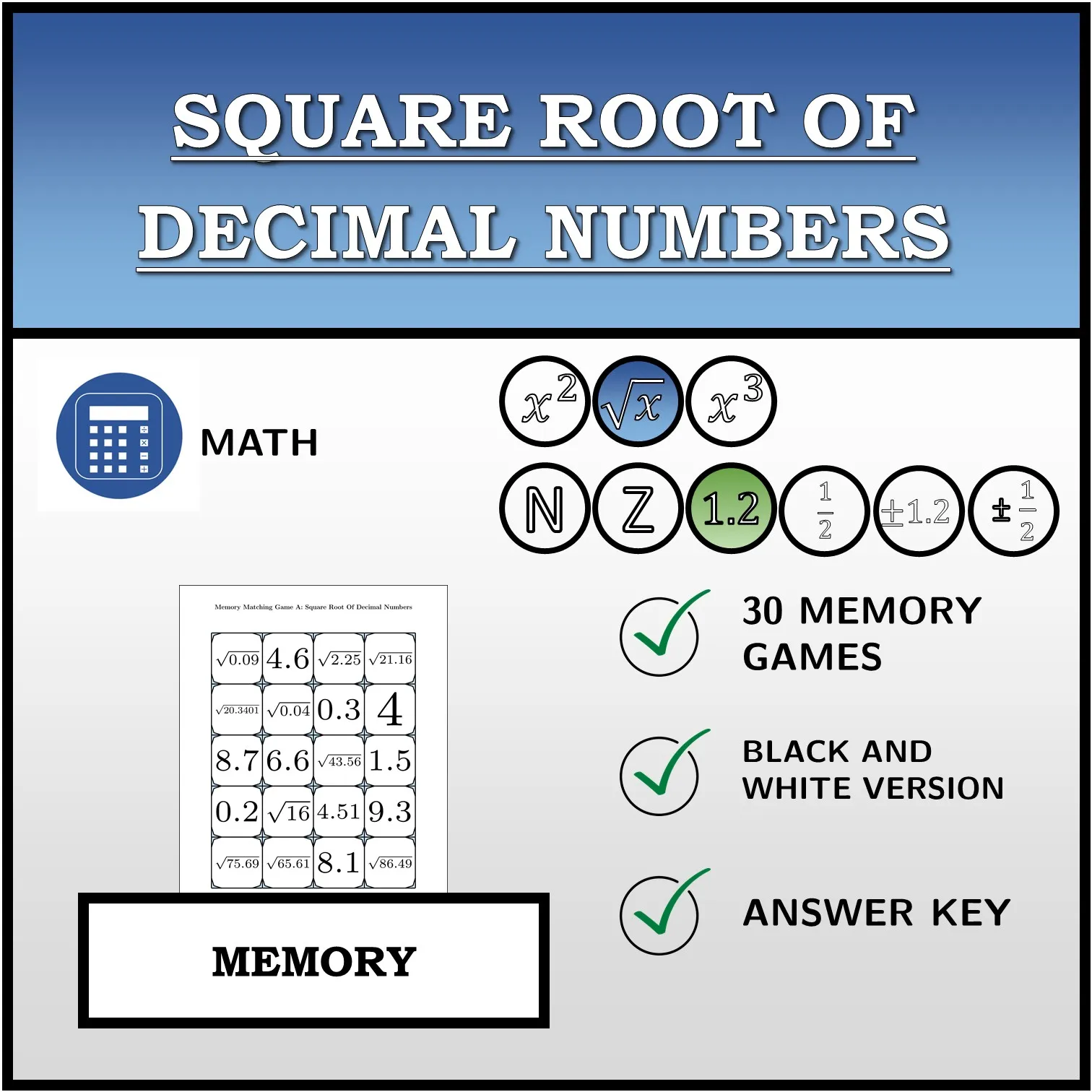 Memory matching game: Square Root Of Decimal Numbers