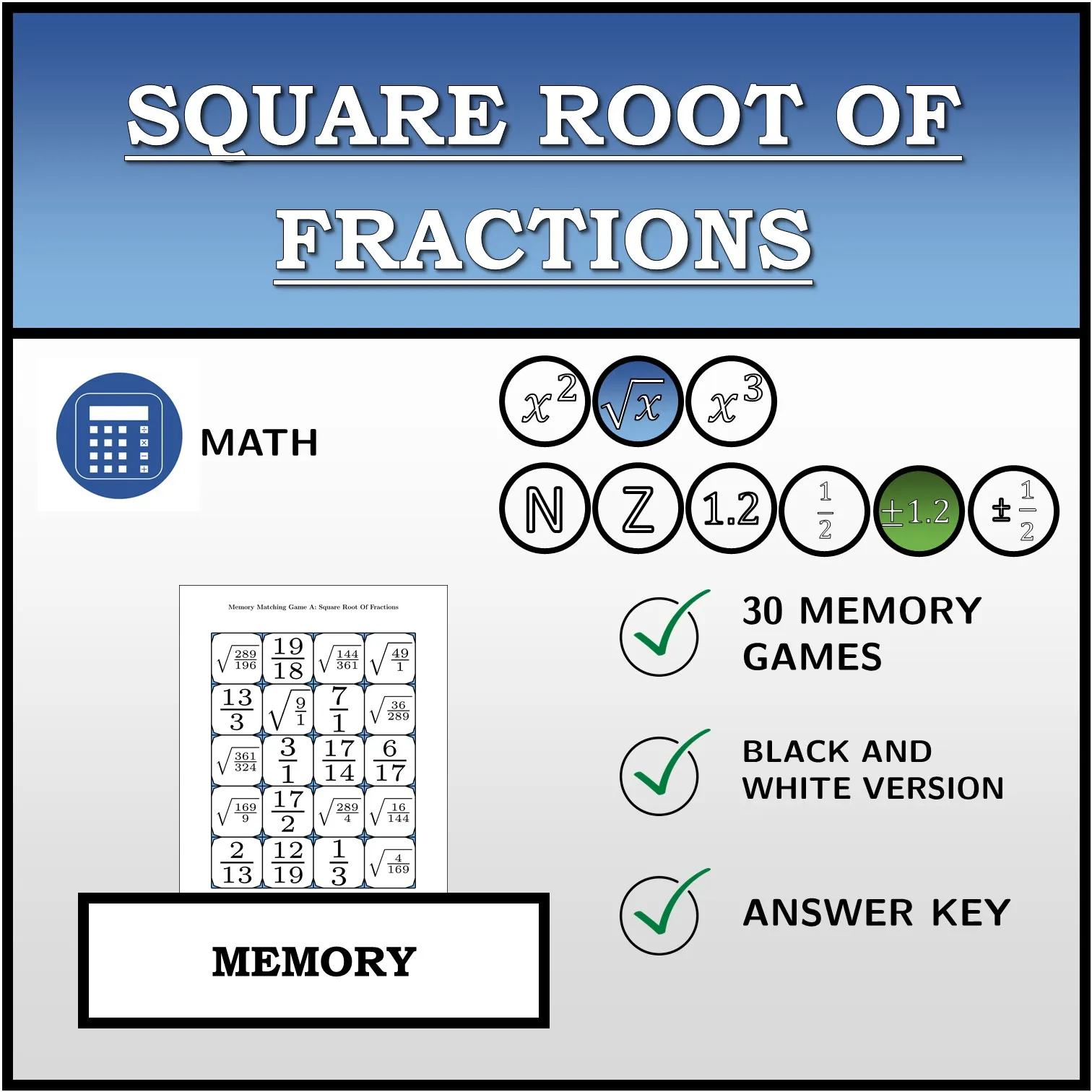 Memory matching game: Square Root Of Fractions