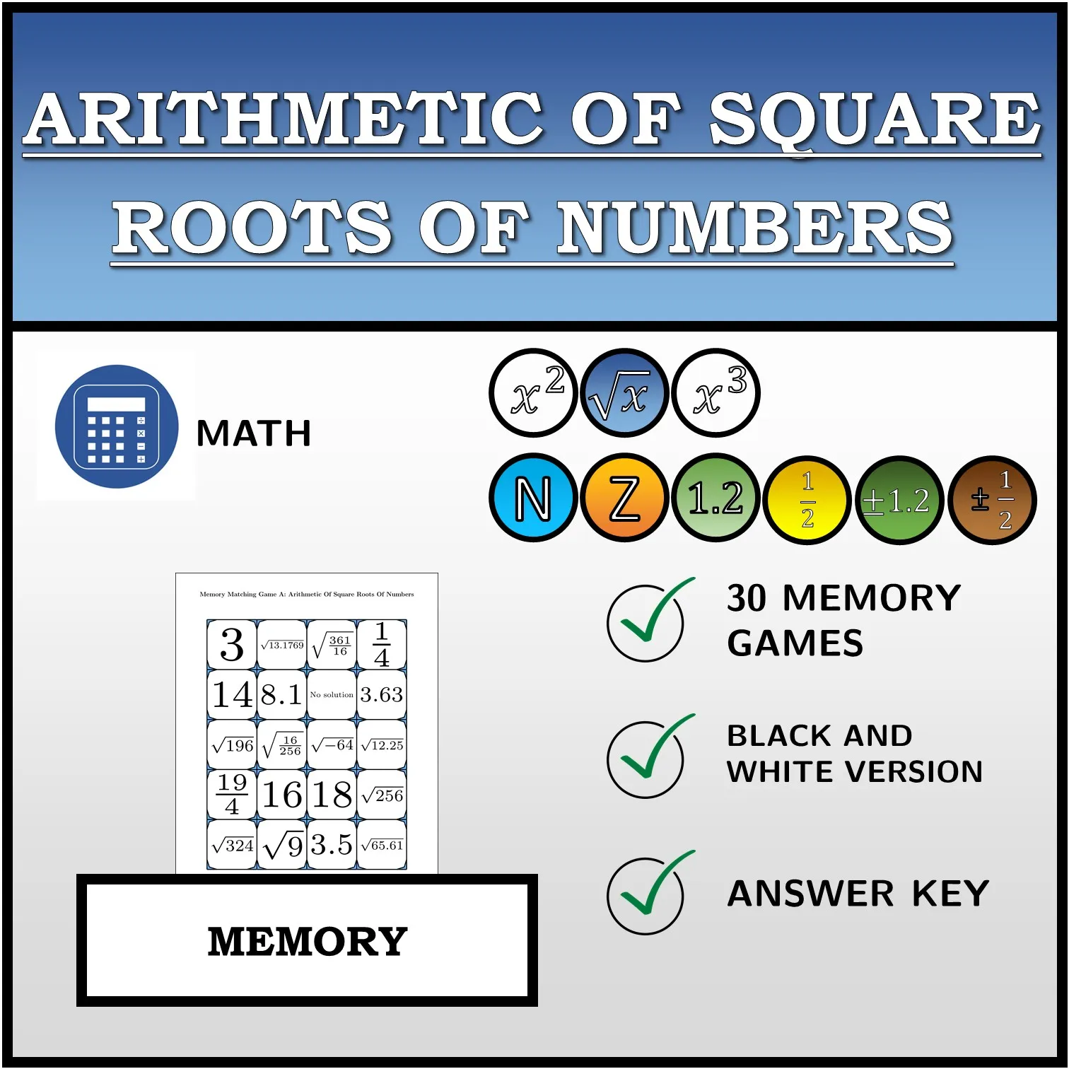 Memory matching game: Arithmetic Of Square Roots Of Numbers