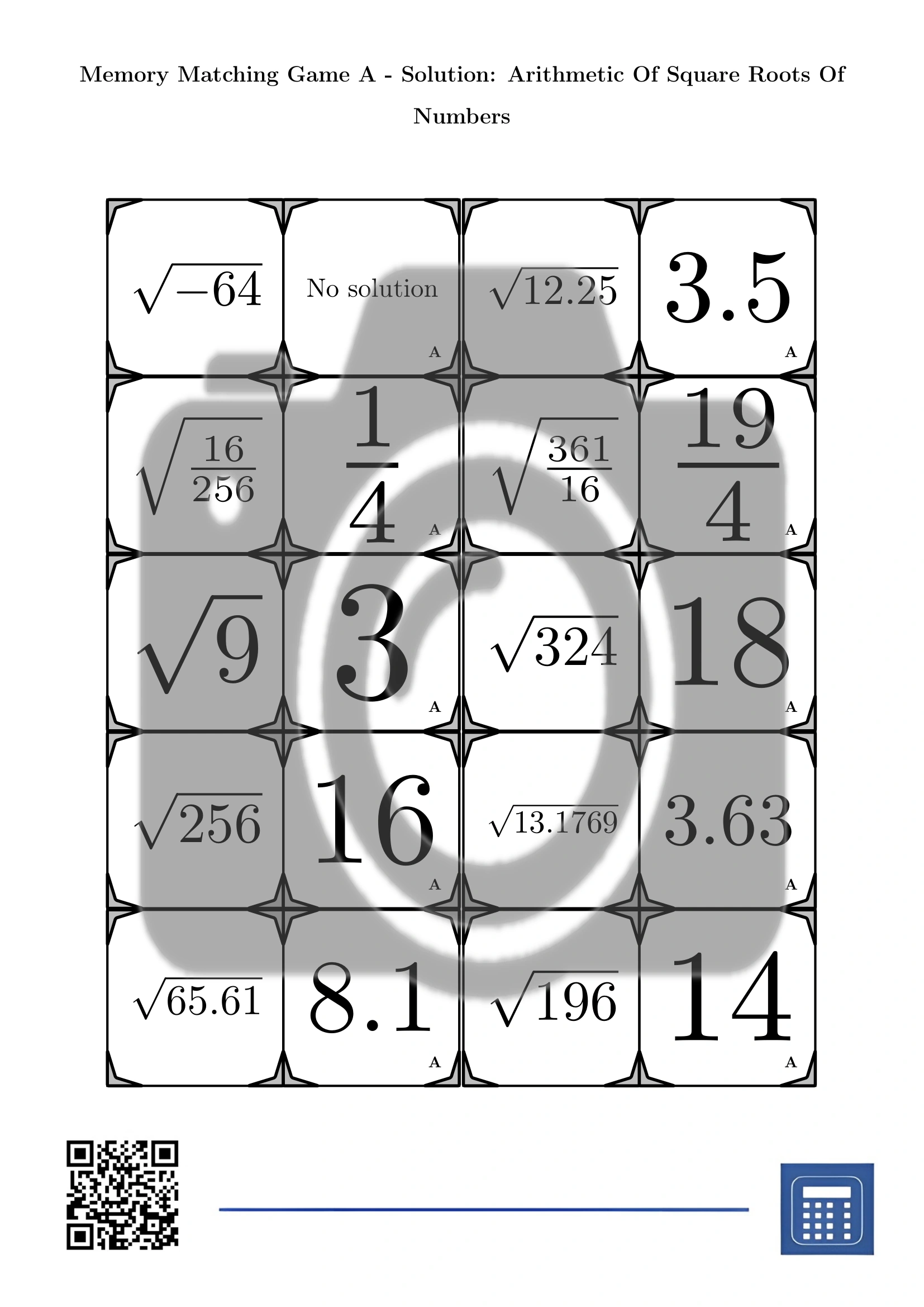 Memory matching game: Arithmetic Of Square Roots Of Numbers - Image 4