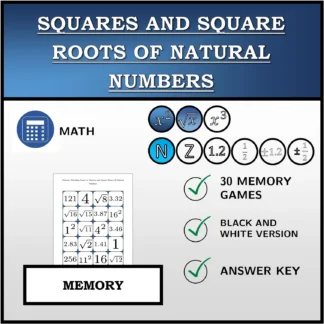 Memory matching game: Squares and Square Roots of Natural Numbers