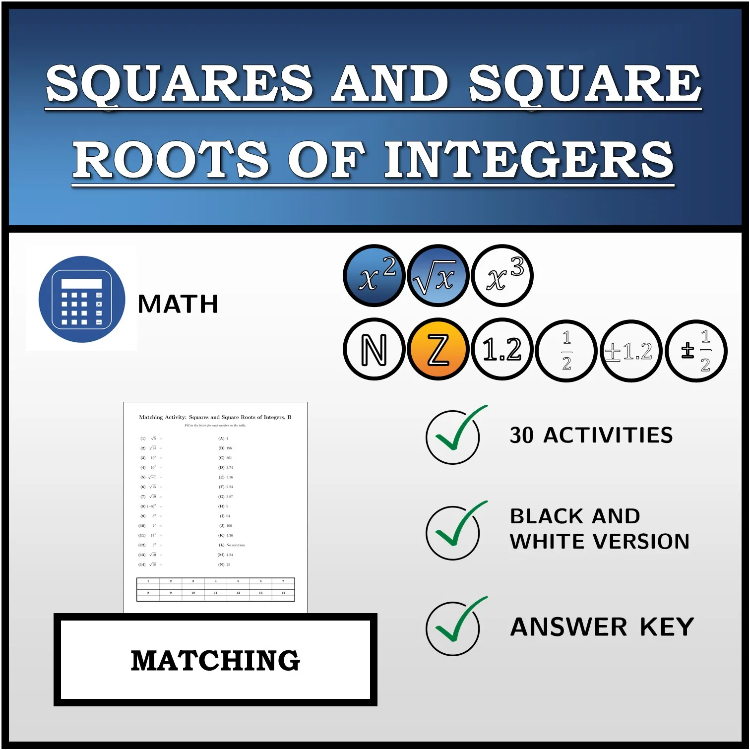 Matching activity: Squares and Square Roots of Integers