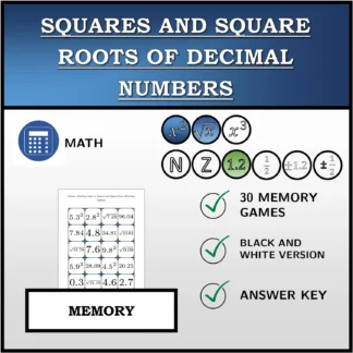 Memory matching game: Squares and Square Roots of Decimal Numbers