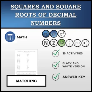 Matching activity: Squares and Square Roots of Decimal Numbers