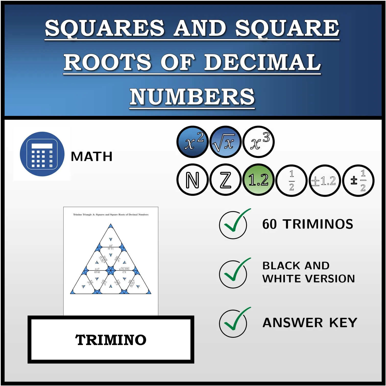 Trimino: Squares and Square Roots of Decimal Numbers