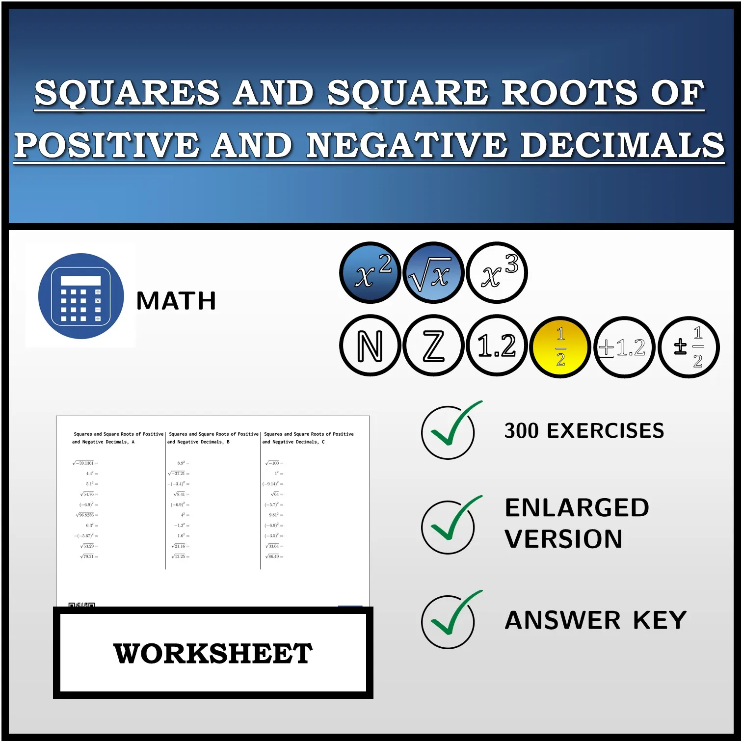 Worksheet: Squares and Square Roots of Positive and Negative Decimals
